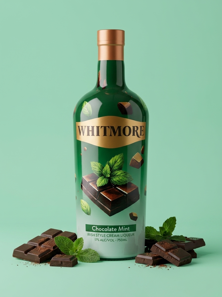 Whitmore Chocolate Mint bottle with mint leaves and chocolate pieces