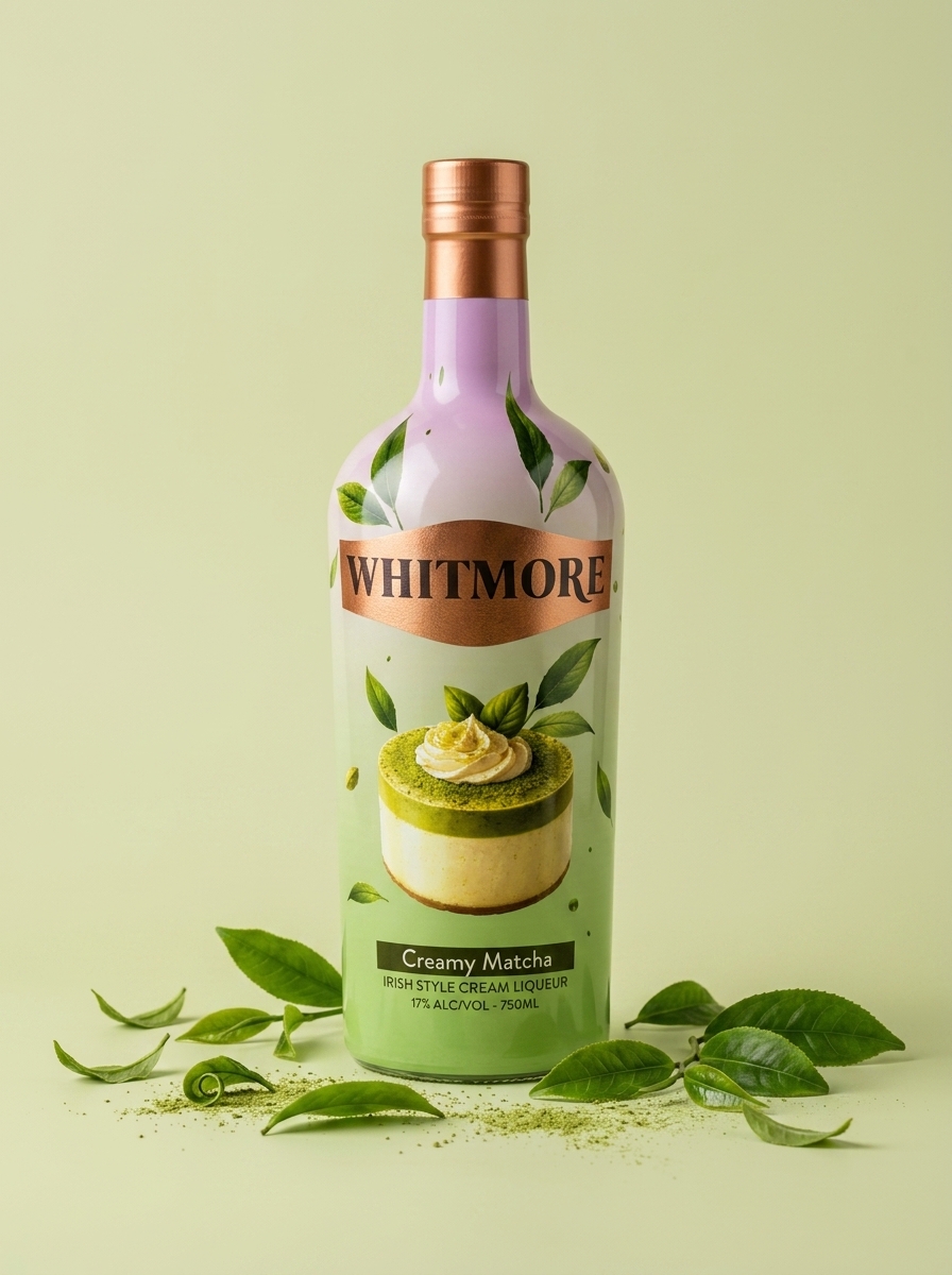 Whitmore Creamy Matcha bottle with green tea leaves