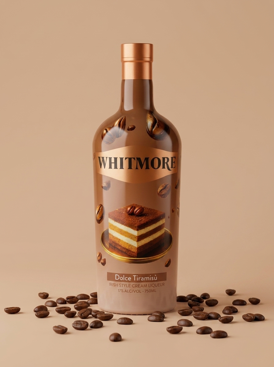 Whitmore Dolce Tiramisu bottle with scattered coffee beans