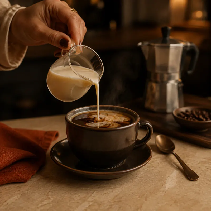 Cream poured from a small jug into a cup of black coffee