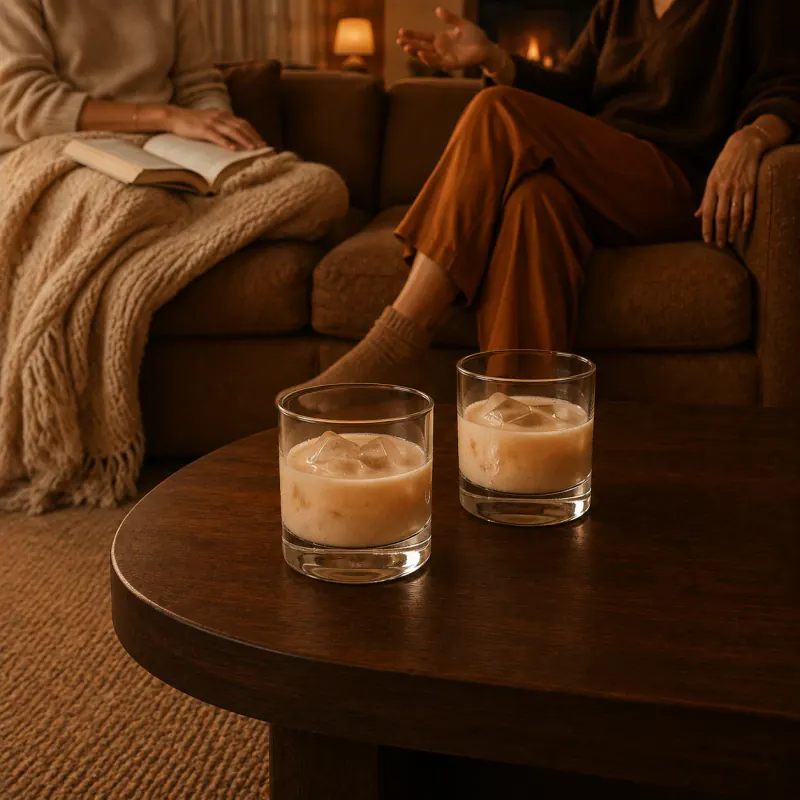 Two glasses of cream liqueur over ice on a coffee table by the fire
