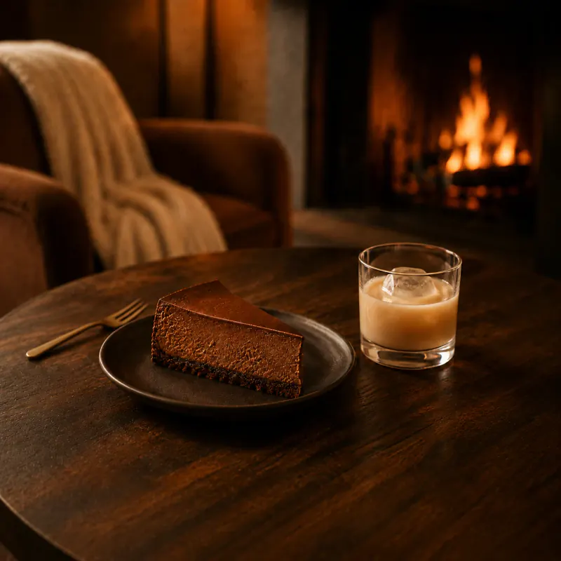 A slice of chocolate cheesecake beside a glass of cream liqueur