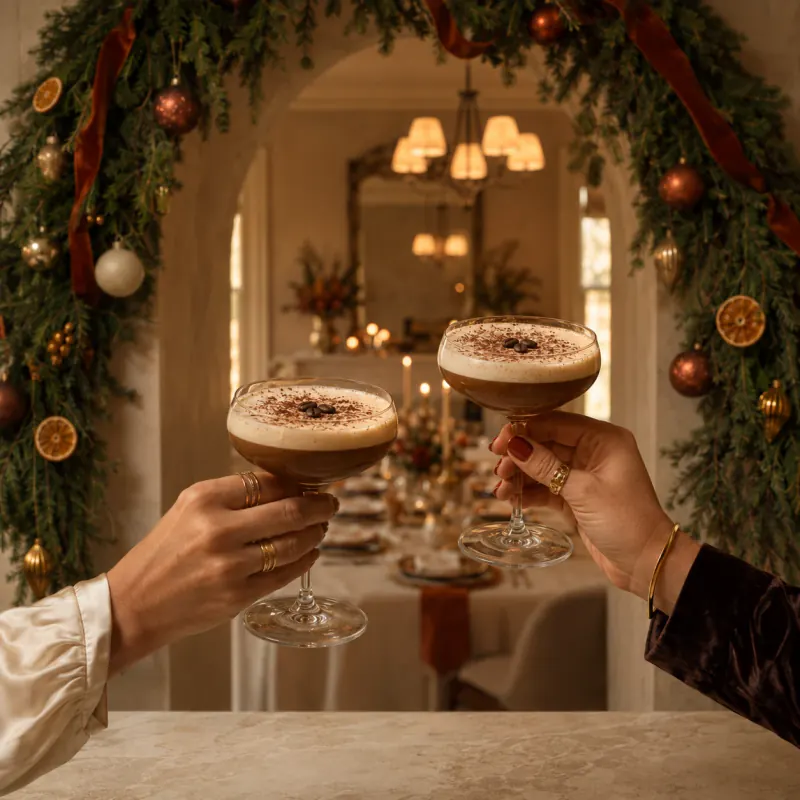Two creamy cocktails raised in a toast under a festive garland