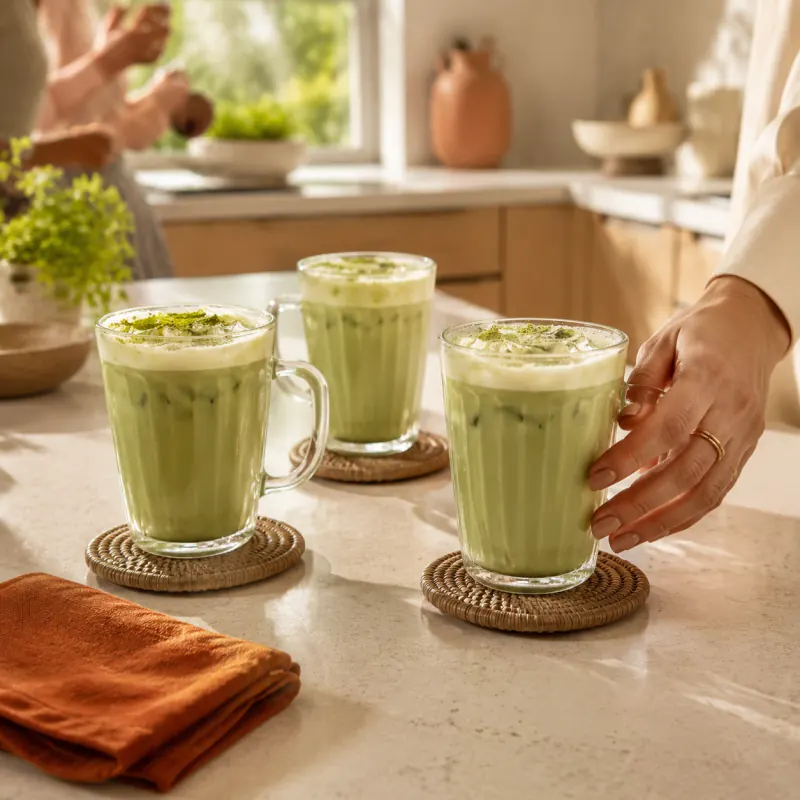 Iced matcha lattes set out on a sunny kitchen counter