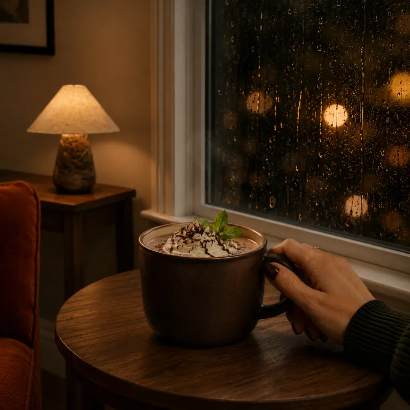 A mug of hot chocolate with whipped cream and mint by a rainy window