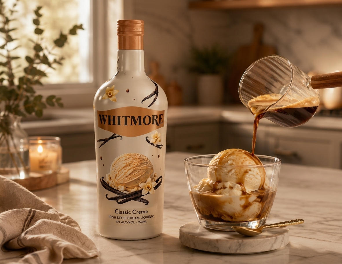 Espresso poured over vanilla ice cream beside a bottle of Whitmore Classic Crème